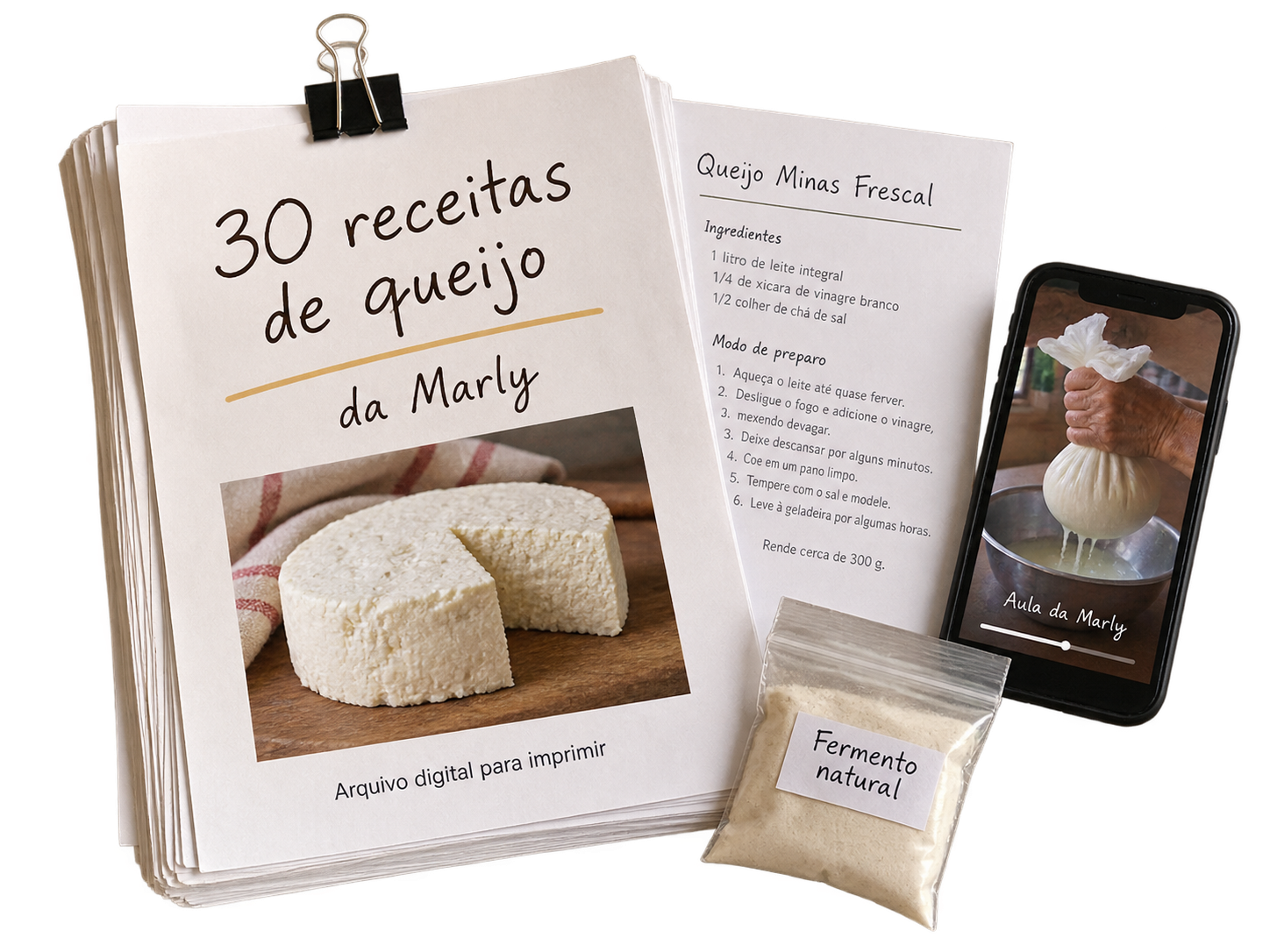 Representação da apostila digital com 30 receitas da Marly, aula online e fermento natural